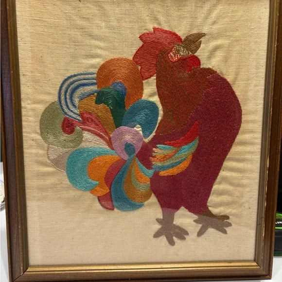 Vintage Colorful Rooster Crewel Embroidery Art - Picture 2 of 7